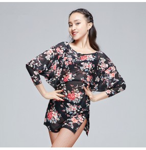 Black floral printed short loose batwing sleeves women's girls stage performance professional latin salsa cha cha samba dance dresses outfits